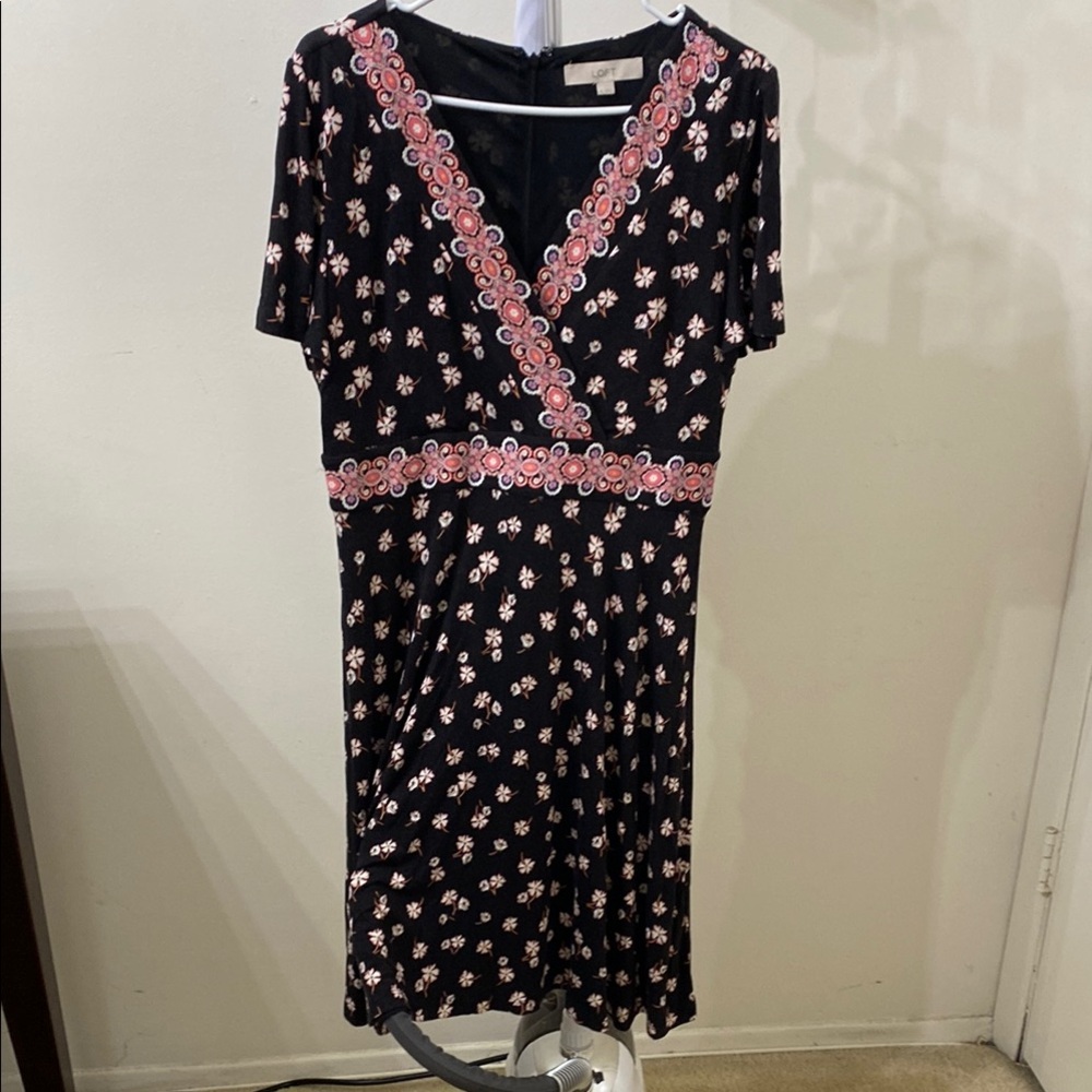 LOFT Black and White V-Neck Midi Sundress